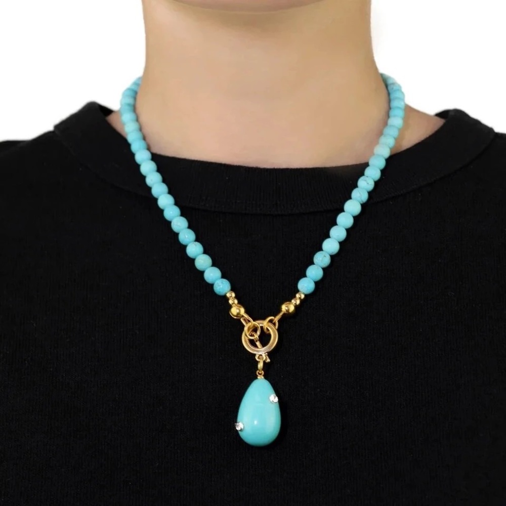 IRIS APFEL Teal Dangle Sea Blue Aquamarine Natural Stone Drop Long Earrings - Picture 12 of 13